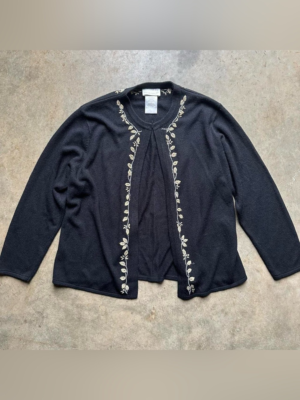 Black cardigan with gold and silver leaf embroidery